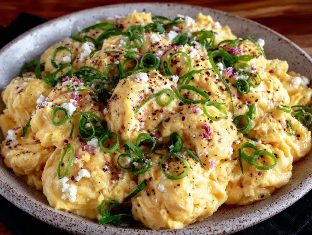 Cremiges Rührei mit Frühlingszwiebeln und Käse - featured image
