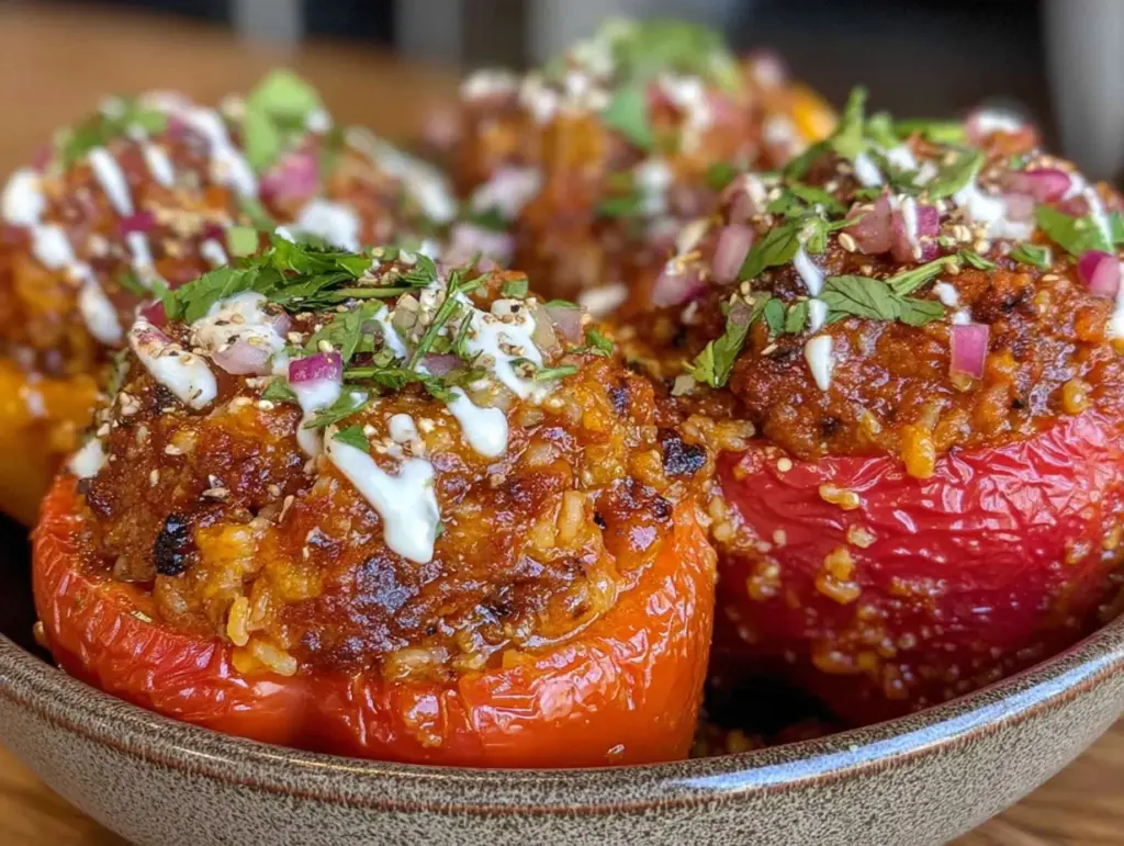 Saftige Ofen-Paprika mit Hackfleisch und Reis - featured image
